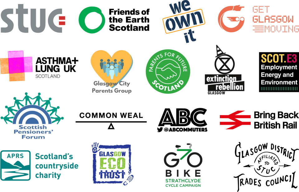 Image of 19 logos of organisations that support the Better Buses for Strathclyde campaign