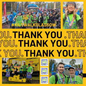 Collage of 4 photos of adults taking part in the Kiltwalk on a yellow background with Thank You written in the middle